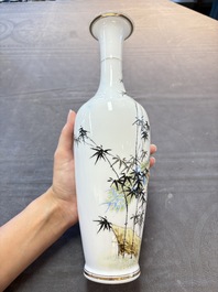 A Chinese polychrome 'peacock and bamboo' eggshell vase, signed Yuan Qing 元清, Jing De Zhen Zhi 景德鎮制 mark, 20th C.