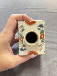 A pair of Chinese famille verte rectangular 'fighting roosters' tea caddies, Kangxi