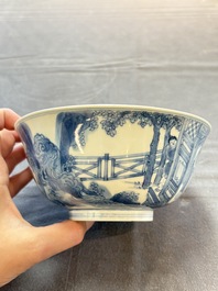 Two Chinese blue and white bowls with figural design, Chenghua and Kangxi marks, Kangxi