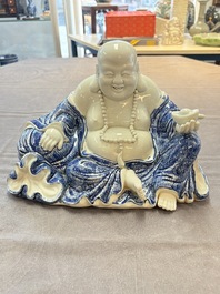 A Chinese blue and white Milefo Buddha, Zeng Long Sheng 曾龍昇 mark, 20th C.