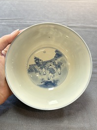 Two Chinese blue and white bowls with figural design, Chenghua and Kangxi marks, Kangxi