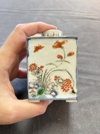 A pair of Chinese famille verte rectangular 'fighting roosters' tea caddies, Kangxi