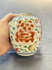 Five Chinese wucai 'Buddhist lion' and 'peony scroll' jars, Transitional period