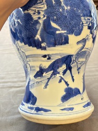 A Chinese blue and white 'He Lu Tong Chun 鶴鹿同春' vase and a wooden cover, Kangxi