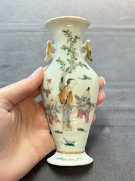 Three Chinese Canton famille verte plates and two famille rose wall pocket vases, 19th C.