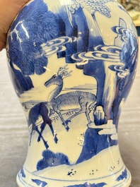 A Chinese blue and white 'He Lu Tong Chun 鶴鹿同春' vase and a wooden cover, Kangxi