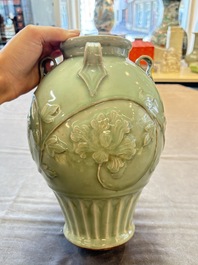 A Chinese Longquan celadon vase with floral design, Ming