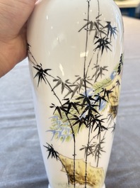 A Chinese polychrome 'peacock and bamboo' eggshell vase, signed Yuan Qing 元清, Jing De Zhen Zhi 景德鎮制 mark, 20th C.