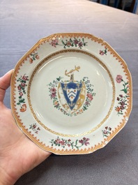 Four Chinese famille rose armorial plates and a dish, Qianlong