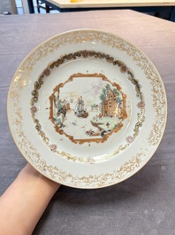 A set of six Chinese Meissen-style export plates with a harbour scene, Qianlong