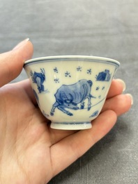 Four Chinese blue and white 'boy and buffalo' cups, Qi Yue Ru Yu 奇玥如玉 and Kun Chi Yu Shi 崑池玉石 marks, Yongzheng
