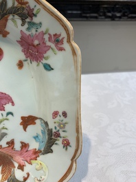 A Chinese famille rose plate with figures in a garden and a 'pseudo-tobacco leaf' dish, Qianlong and later