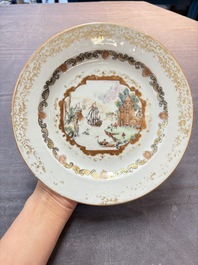 A set of six Chinese Meissen-style export plates with a harbour scene, Qianlong