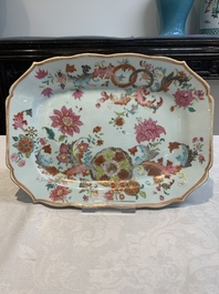 A Chinese famille rose plate with figures in a garden and a 'pseudo-tobacco leaf' dish, Qianlong and later