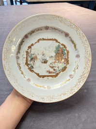 A set of six Chinese Meissen-style export plates with a harbour scene, Qianlong