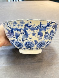 A Chinese blue and white molded bowl with elegant beauties and playing boys, Qi Yu Bao Ding Zhi Zhen 奇玉寶鼎之珍 mark, Kangxi