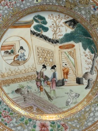 A Chinese famille rose plate with figures in a garden and a 'pseudo-tobacco leaf' dish, Qianlong and later