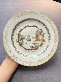 A set of six Chinese Meissen-style export plates with a harbour scene, Qianlong