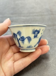 Four Chinese blue and white 'boy and buffalo' cups, Qi Yue Ru Yu 奇玥如玉 and Kun Chi Yu Shi 崑池玉石 marks, Yongzheng