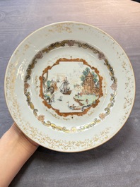 A set of six Chinese Meissen-style export plates with a harbour scene, Qianlong