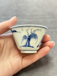 Four Chinese blue and white 'boy and buffalo' cups, Qi Yue Ru Yu 奇玥如玉 and Kun Chi Yu Shi 崑池玉石 marks, Yongzheng