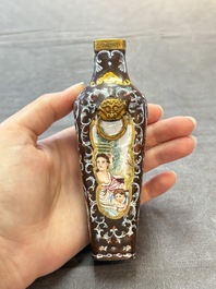 A square Chinese Canton enamel 'European subject' vase, Qianlong mark and probably of the period