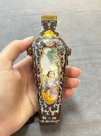 A square Chinese Canton enamel 'European subject' vase, Qianlong mark and probably of the period