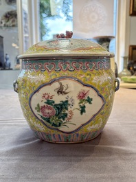 A Chinese famille rose yellow-ground 'kamcheng' bowl and cover for the Straits or Peranakan market, Guangxu mark and of the period