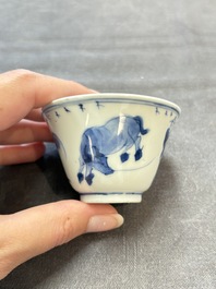 Four Chinese blue and white 'boy and buffalo' cups, Qi Yue Ru Yu 奇玥如玉 and Kun Chi Yu Shi 崑池玉石 marks, Yongzheng