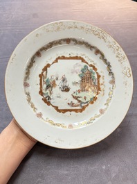 A set of six Chinese Meissen-style export plates with a harbour scene, Qianlong