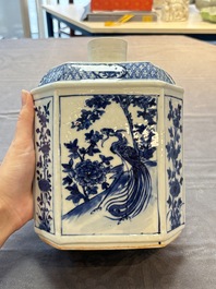 A pair of Chinese blue and white tea caddies and covers, 19th C.
