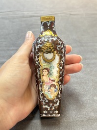A square Chinese Canton enamel 'European subject' vase, Qianlong mark and probably of the period