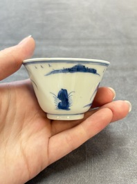 Four Chinese blue and white 'boy and buffalo' cups, Qi Yue Ru Yu 奇玥如玉 and Kun Chi Yu Shi 崑池玉石 marks, Yongzheng