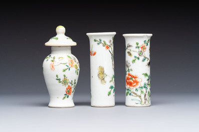 A Chinese Canton famille verte three-piece tea service and three vases, 19th C.