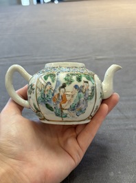 A Chinese Canton famille verte three-piece tea service and three vases, 19th C.