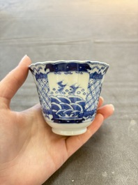 Eight Chinese blue and white cups and saucers, Kangxi mark, 19th C.