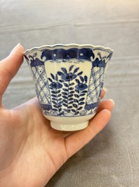 Eight Chinese blue and white cups and saucers, Kangxi mark, 19th C.