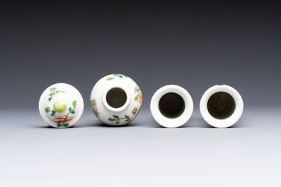 A Chinese Canton famille verte three-piece tea service and three vases, 19th C.