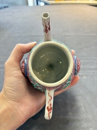 A Chinese famille rose frogspawn-ground relief-molded teapot and cover, Yongzheng