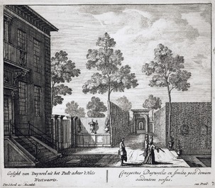 A rare blue and white Dutch Delft 'View of Duinrell' plaque, after an engraving by Petrus Schenk, first half 18th C.