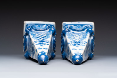 A pair of blue and white Delftware obelisks, probably France, 18th C.