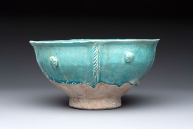 A Nishapur turquoise-glazed bowl, an inkwell and an incense burner or lantern, Iran, 10/12th C.