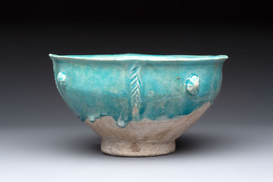 A Nishapur turquoise-glazed bowl, an inkwell and an incense burner or lantern, Iran, 10/12th C.
