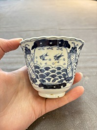 Eight Chinese blue and white cups and saucers, Kangxi mark, 19th C.