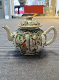 A Chinese Canton famille verte three-piece tea service and three vases, 19th C.