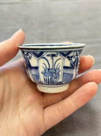 Ten Chinese blue and white cups and nine saucers, Kangxi mark, 19th C.
