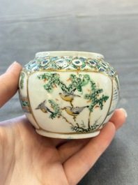 A Chinese Canton famille verte three-piece tea service and three vases, 19th C.