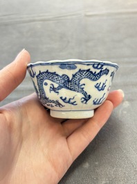 Ten Chinese blue and white cups and nine saucers, Kangxi mark, 19th C.