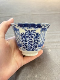 Eight Chinese blue and white cups and saucers, Kangxi mark, 19th C.
