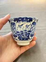 Eight Chinese blue and white cups and saucers, Kangxi mark, 19th C.